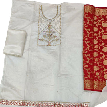Elegant Beige Festive Wear Embroidered Modal Chanderi Dress Material
